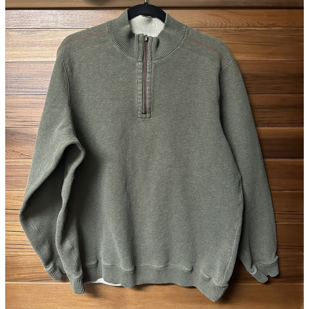 Tommy Bahama Men Sweatshirt Large Green Reversible Blue Logo Embroidered 1/4 Zip